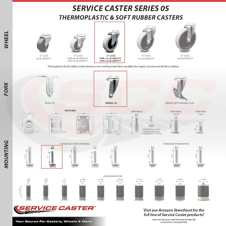 Service Caster 3 Inch Polyurethane Wheel 3/8 Inch Threaded Stem Caster SCC-TS05S310-TPUS-381610